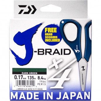Шнур DAIWA J-Braid X4E-W/SC 0,17мм 135м dark green + ножницы Шнур DAIWA J-Braid X4E-W/SC 0,17мм 135м dark green + ножницы